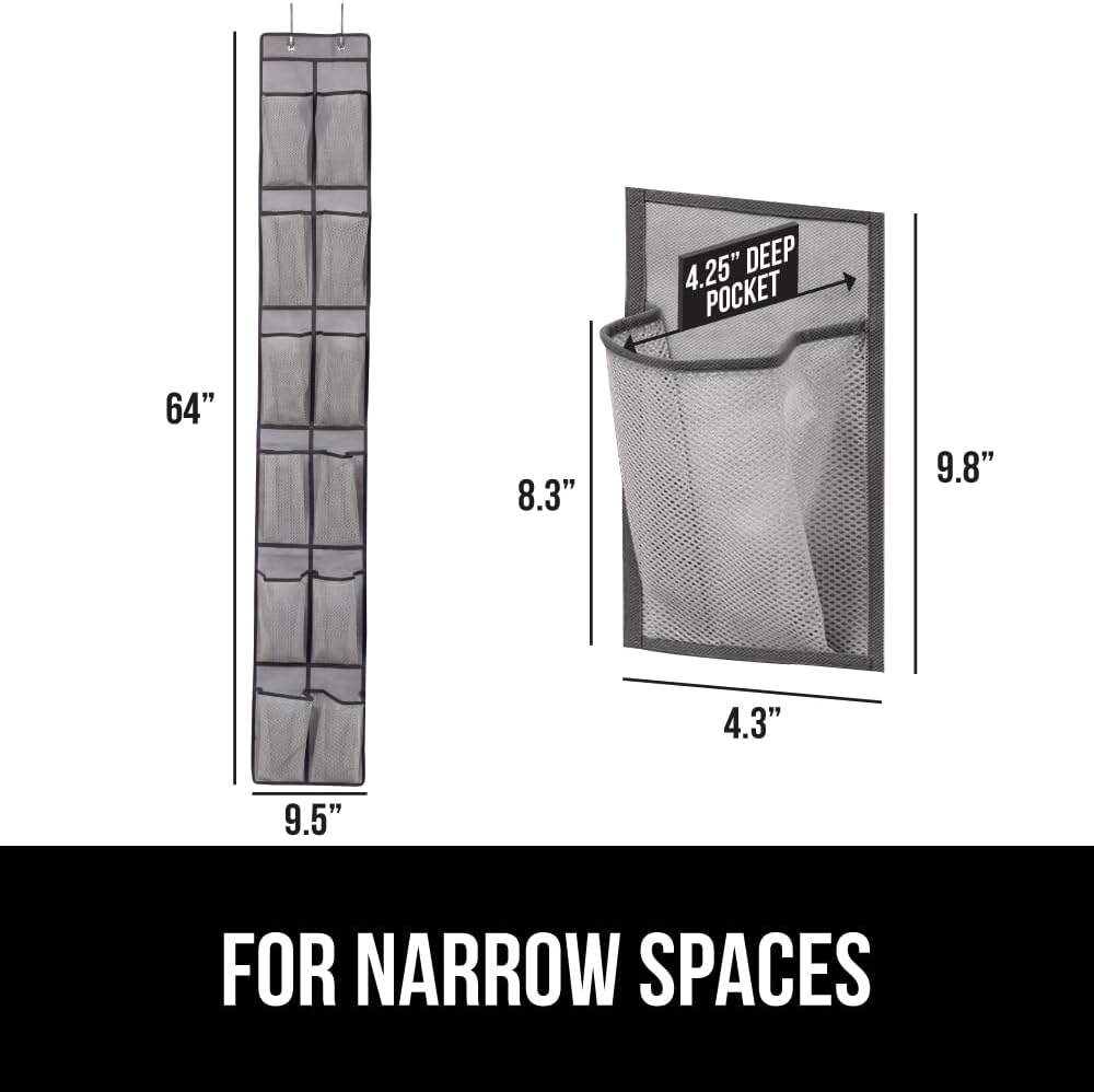 GORILLA GRIP Over the Door Shoe Organizer, 12 Large Breathable Mesh Pockets, Space Saving Hanging Storage Holder, 2 Hook Closet Rack Hanger, Hangs on Closets for Shoes, Accessories, 64H x 9.5W Gray