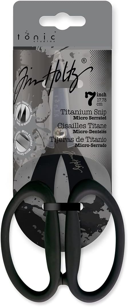 Tim Holtz Small Titanium Scissors - 7 Inch Mini Snips with Micro Serrated Blade - Non Stick Craft Tool for Cutting Paper, Fabric, and Sewing - Black Comfort Grip Handles
