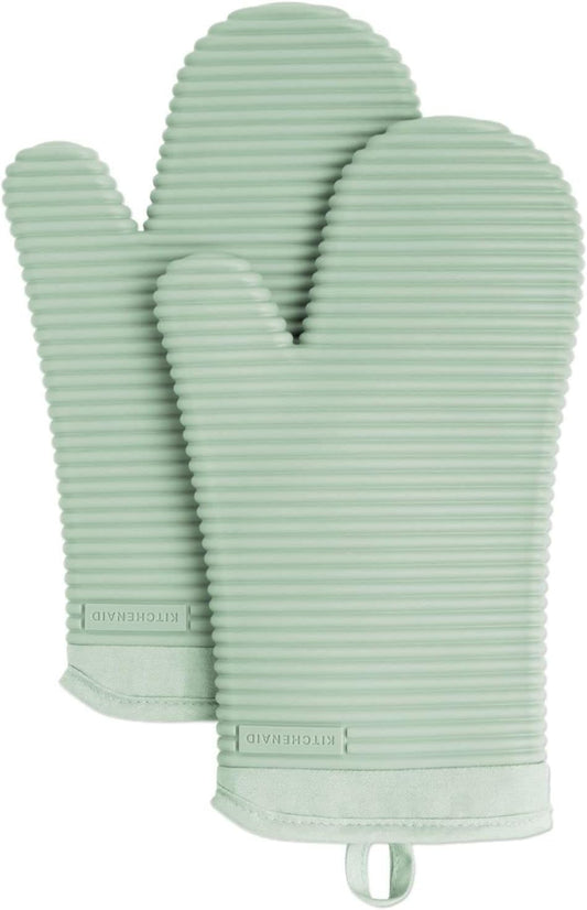 KITCHENAID Ribbed Soft Silicone Oven Mitt 2-Pack Set, 7.5"x13", Pistachio