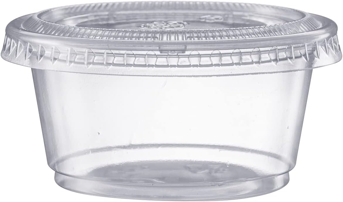 Pantry Value [2 oz. - 200 Count Clear Disposable Plastic Portion Cups with Lids - Small Plastic Condiment Containers for Sauce, Salad Dressings & Portion Control