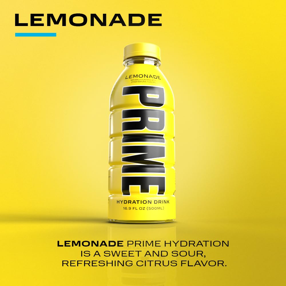 PRIME Hydration LEMONADE, Sports Drinks, Electrolyte Enhanced for Replenishing Fluids, 250mg BCAAs, B Vitamins, Antioxidants, Low Sugar, 16.9 Fl Oz, 12 Pack