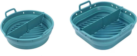 Reusable Silicone Air Fryer Liner –2pcs (Round+Square), Collapsible, Oil-Draining Design, Food-Grade, Non-Stick, Heat Resistant, Dishwasher Safe – Fits 5–8 QT Baskets (green)