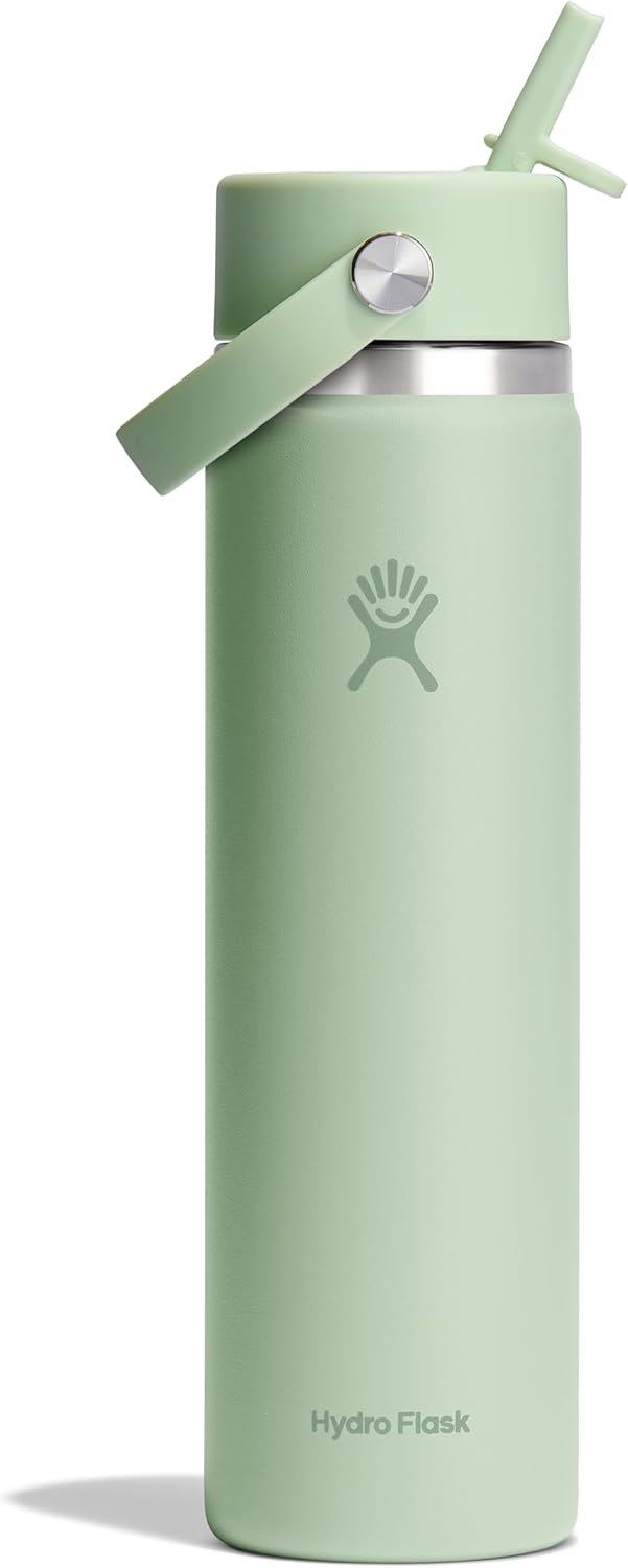 Hydro Flask Water Bottle - Insulated Stainless Steel - Wide Mouth Flex Straw Lid, Non Spill, Leakproof and Refillable in 24 Oz Aloe Green