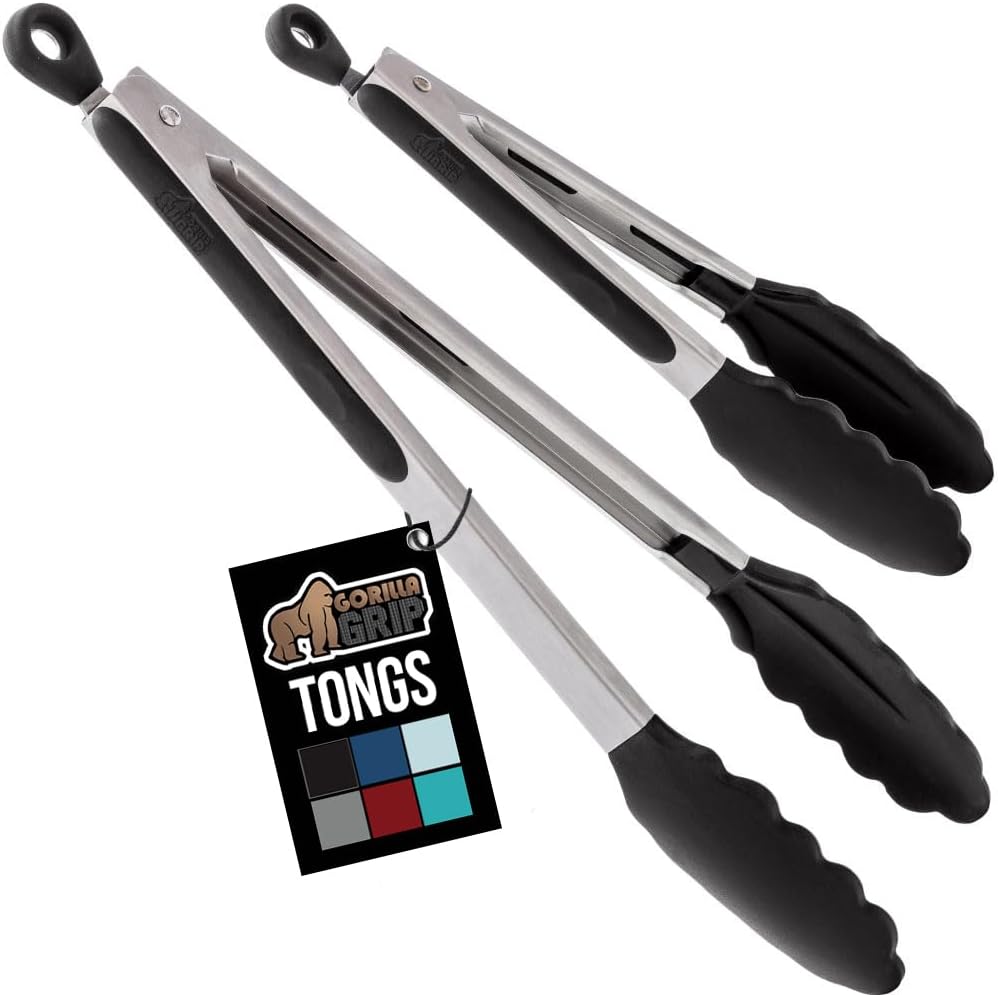 GORILLA GRIP Stainless Steel Heat Resistant Kitchen Tongs for Cooking, 7 + 12 Inch Set of 2 BBQ Tong, Non Scratch Silicone Tip for Pan, Strong Grip, Grab Food, Toss Salad, Air Fryer, Pull Lock, Black