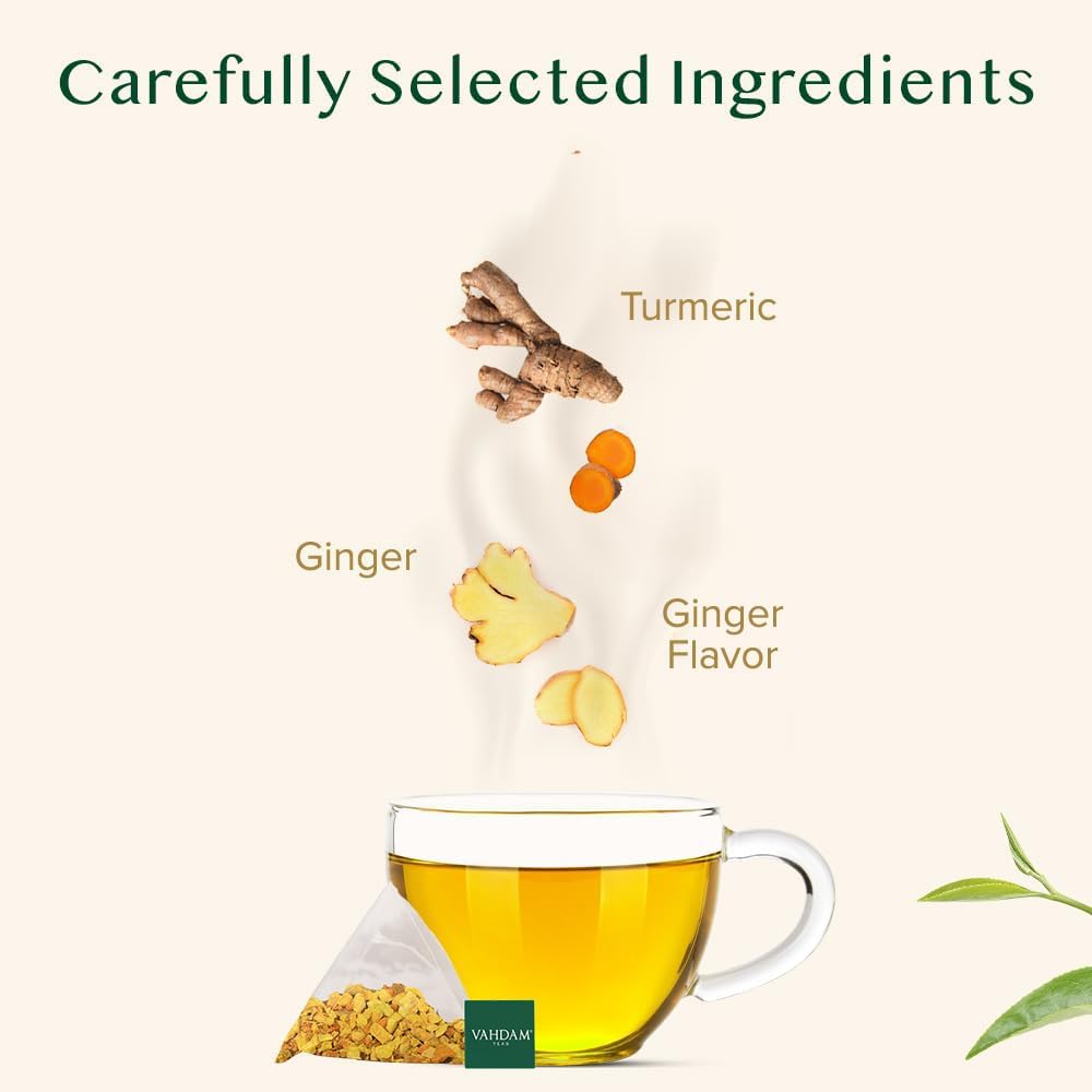 VAHDAM, Turmeric Ginger Herbal Tea Bags (30 Pyramid Tea Bags) Caffeine Free, Non GMO, Gluten Free | 100% Pure Herbal Blend - Savory & Spicy | Individually Wrapped Pyramid Tea Bags | Direct from Source