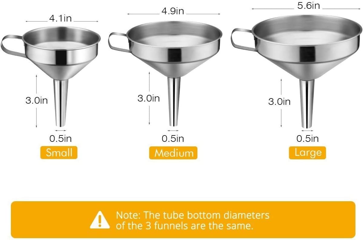Kitchen Funnel, 3 Piece Stainless Steel Funnels Set with Handle Design and Removable Strainer, Great for Transferring of Liquid, Fluid, Dry Ingredients & Powder, Funnels for Filling Bottles