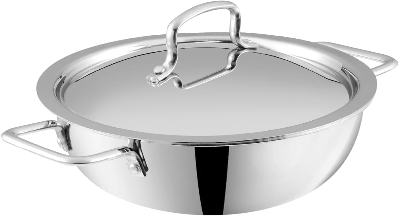 Vinod Platinum Triply Stainless Steel Kadai | Suitable For Indian Cooking, Sauces, Stews, Soups | Extra Deep, Induction, Electric Friendly (24cm)