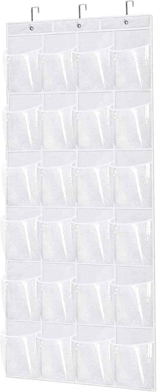 Over The Door Shoe Organizer with 24 Clear Pockets and Metal Hooks – Heavy Duty Hanging Shoe Storage Rack for Closet, Bathroom, Dorm – Space Saving Organizer for Shoes, Accessories, Toys (White)
