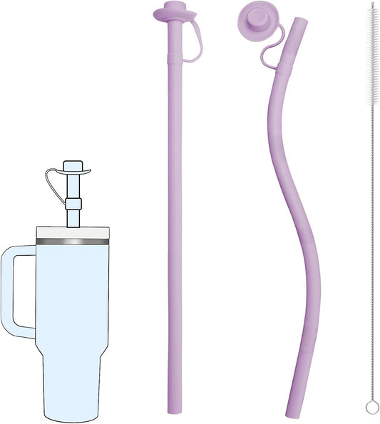 2PCS Reusable Silicone Straws with Cover, Bite-Safe, 12”Long Collapsible Drinking Straws for Stanley Owala Cups, Tumblers & Travel – Trim to Fit Any Cup (Purple)