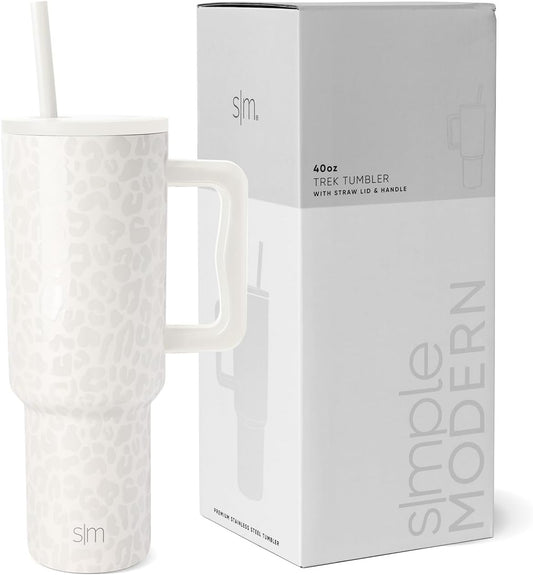 Simple Modern 40 oz Trek Tumbler with Handle and Straw Lid | Cup Holder Friendly Insulated Stainless Steel Travel Mug | Cream Leopard (Pack of 12)