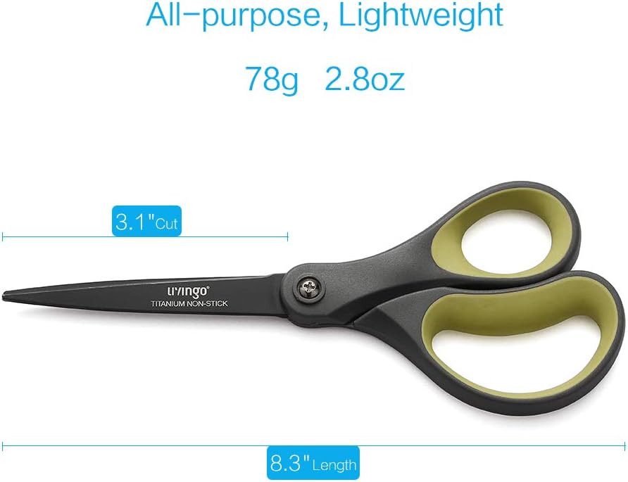 LIVINGO 2 Pack 8" Titanium Non-Stick Scissors, Professional Stainless Steel Comfort Grip, All-Purpose, Straight Office Craft Scissors for Tape, Paper, Cardboard(Green/Yellow)