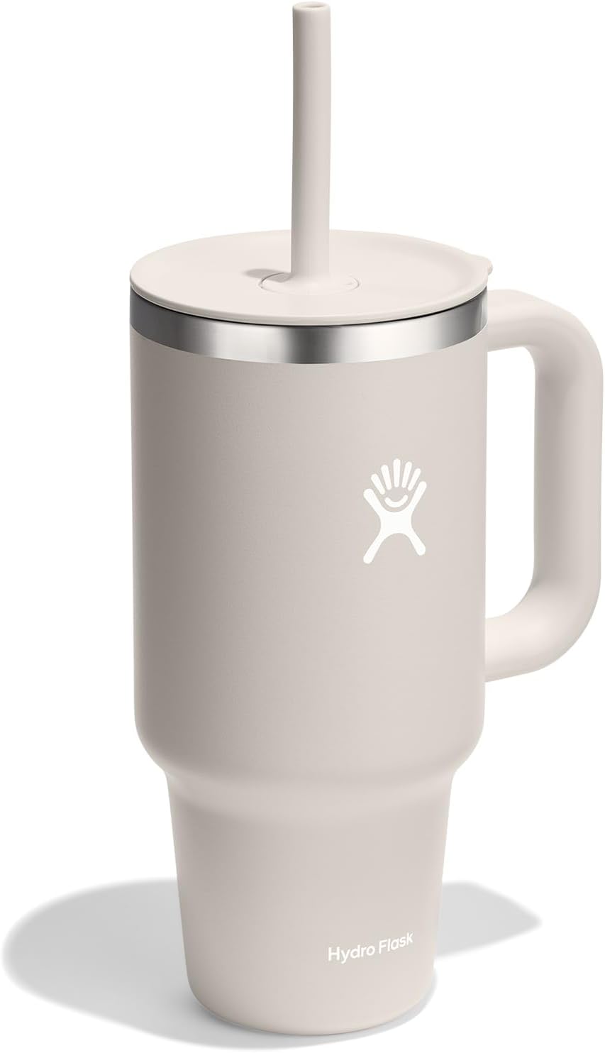 Hydro Flask Travel Tumbler with Handle, Lid and Straw - Insulated Stainless Steel in 32 Oz Oat Tan