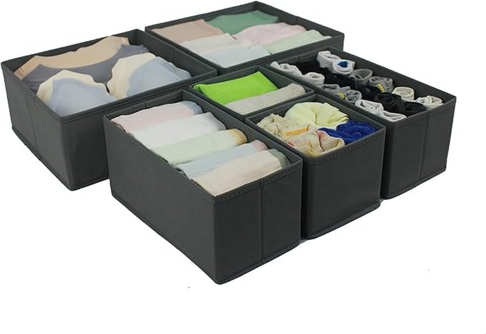 Amazon Basics Cloth Drawer Storage Organizer Boxes for Socks, Underwear and Baby Items, Set of 6, Gray