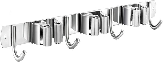 Mop and Broom Hanger Wall Mount, stainless steel Broom Hook Organizer Wall Mounted, Heavy Duty Mop Holder Storage Rack - 3 Racks 4 Hooks for hanging brooms and mops