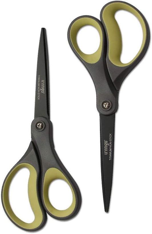 LIVINGO 2 Pack 8" Titanium Non-Stick Scissors, Professional Stainless Steel Comfort Grip, All-Purpose, Straight Office Craft Scissors for Tape, Paper, Cardboard(Green/Yellow)