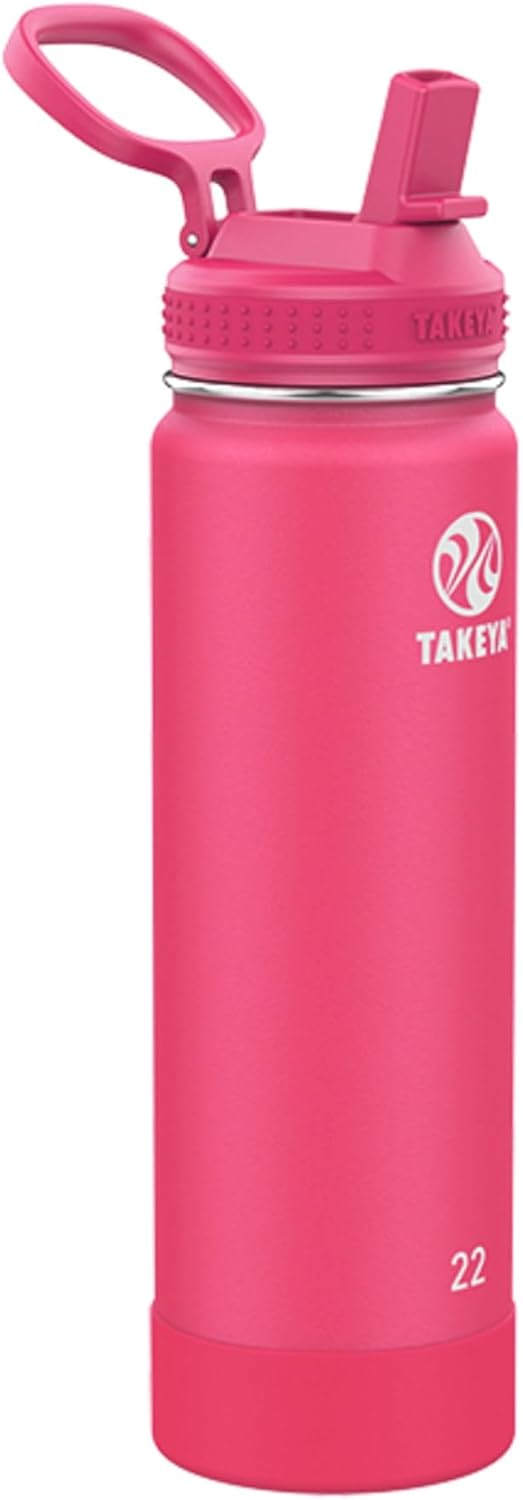 Takeya Actives 22 oz Water Bottle with Straw Lid - Double Wall Stainless Steel Insulation - Dishwasher Safe & BPA-Free - Removable Bumper - Dragon Fruit