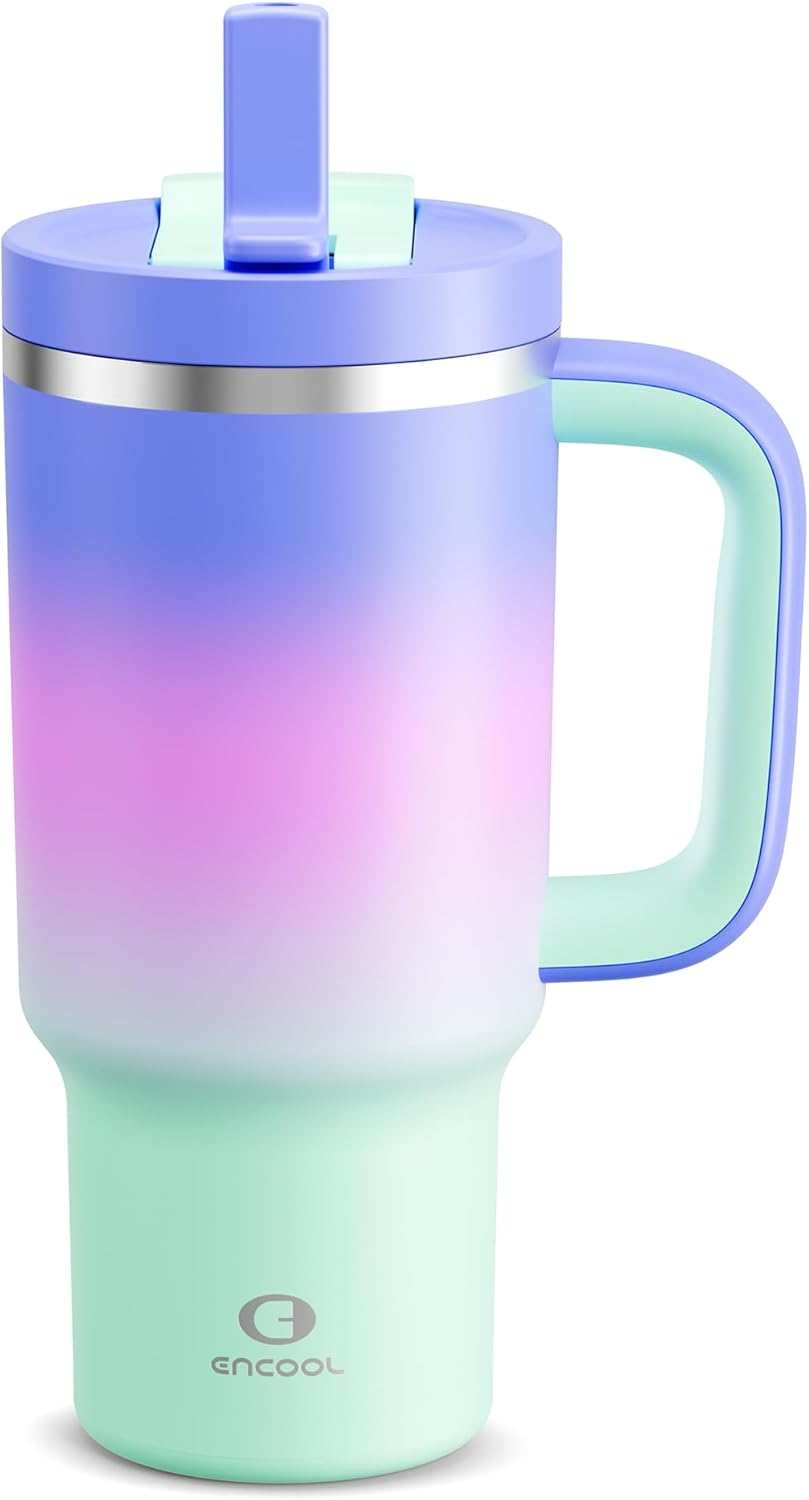 32 oz Tumbler with Handle and Straw: Stainless Steel Insulated Tumbler Keeps Cold for 24 Hours, Leakproof Travel Cup Fits in Cup Holder and BPA-Free, Frosted Lilac