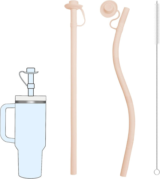 2PCS Reusable Silicone Straws with Cover, Bite-Safe, 12”Long Collapsible Drinking Straws for Stanley Owala Cups, Tumblers & Travel – Trim to Fit Any Cup (Pink)