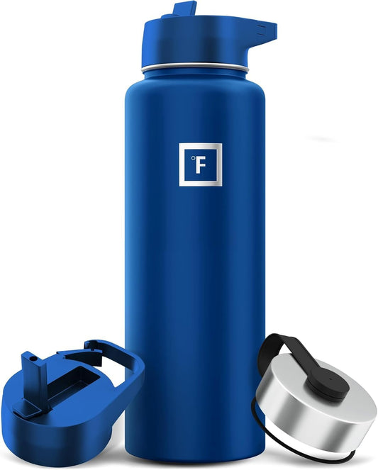 IRON °FLASK Camping & Hiking Hydration Flask with Straw, Wide Mouth Insulated Stainless Steel Sports Water Bottle - 40 oz Cobalt