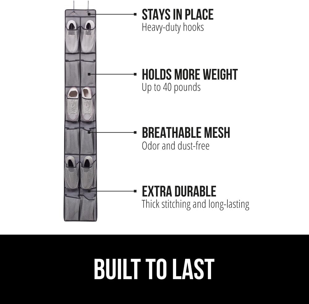GORILLA GRIP Over the Door Shoe Organizer, 12 Large Breathable Mesh Pockets, Space Saving Hanging Storage Holder, 2 Hook Closet Rack Hanger, Hangs on Closets for Shoes, Accessories, 64H x 9.5W Gray