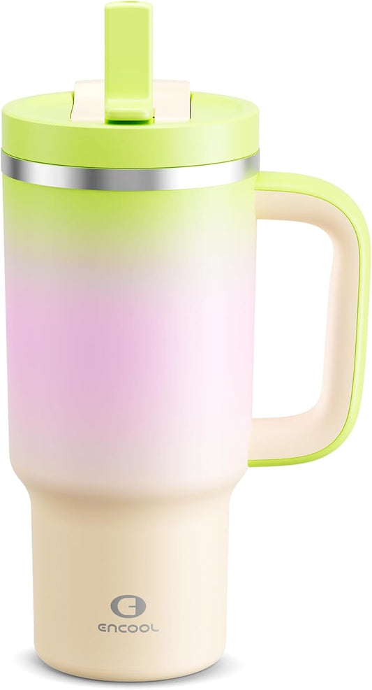 ENCOOL 32 oz Tumbler with Handle and Straw: Stainless Steel Insulated Tumbler Keeps Cold for 24 Hours, Leakproof Travel Cup Fits in Cup Holder and BPA-Free, Morning Dew