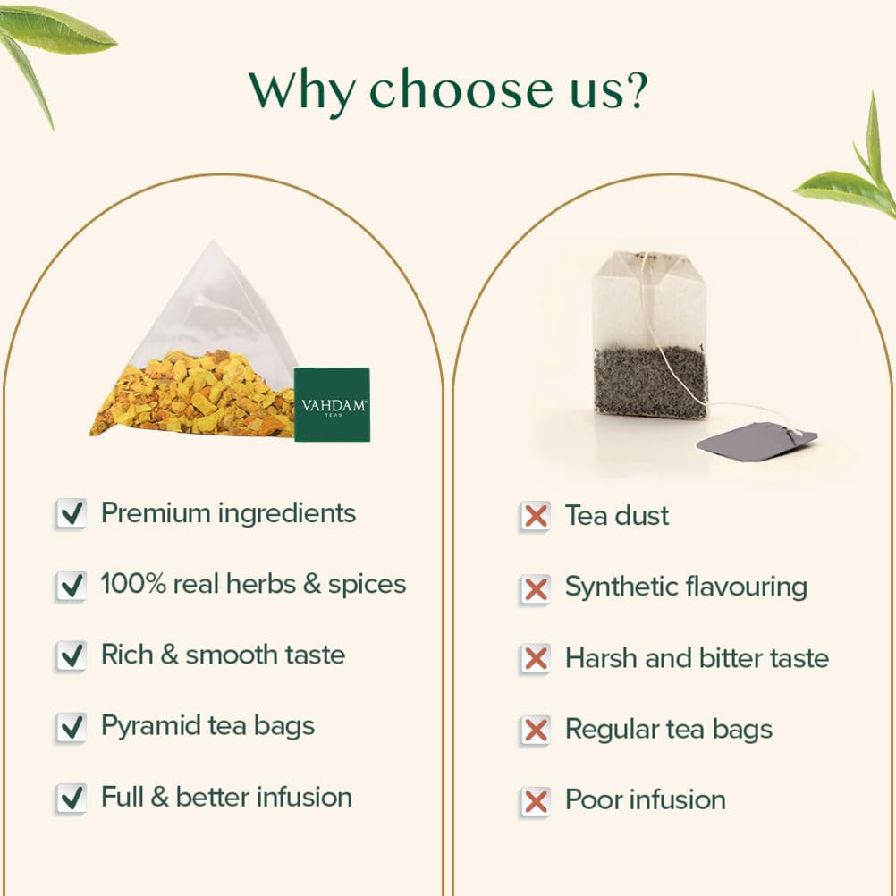 VAHDAM, Turmeric Ginger Herbal Tea Bags (30 Pyramid Tea Bags) Caffeine Free, Non GMO, Gluten Free | 100% Pure Herbal Blend - Savory & Spicy | Individually Wrapped Pyramid Tea Bags | Direct from Source