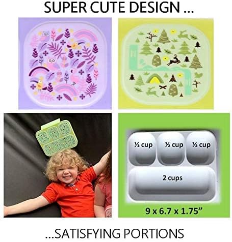 kinsho Bento-Box Lunch-Box for Kids Toddlers, Lunch and Snack Containers for Daycare, School, Boys & Girls, BPA-Free, Utensils Included (Chartreuse Forest + Purple Rainbow, 2 Pack)