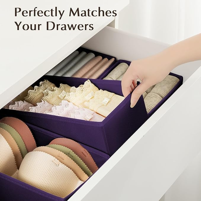 DIMJ Drawer Organizers Clothes, Set of 16 Dresser Organizer Bins, Fabric Closet Organizers and Storage, Shallow Drawer Dividers for Nursery, Clothing, Baby Clothes, Socks, Underwears, Tie (Purple)