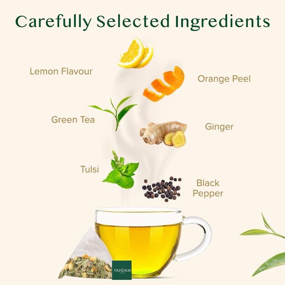 VAHDAM, Lemon Ginger Tea Bags (100 Green Tea Bags) Low Caffeine | Fruity Flavor - Zesty Lemon & Ginger, Orange Peel | Resealable Ziplock Pouch | Brew Hot or Iced Tea