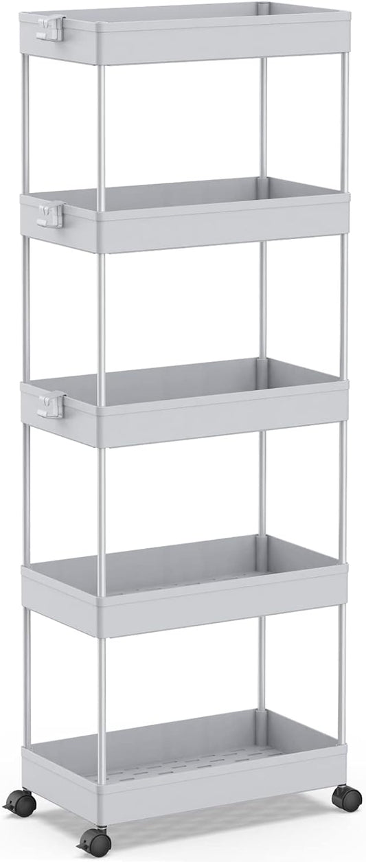 SPACEKEEPER 5-Tier Rolling Cart, Bathroom Storage Organizer Utility Cart, Mobile Shelving Unit Slide Out Shelves for Kitchen Living Room Laundry Room & Dressers,Gray