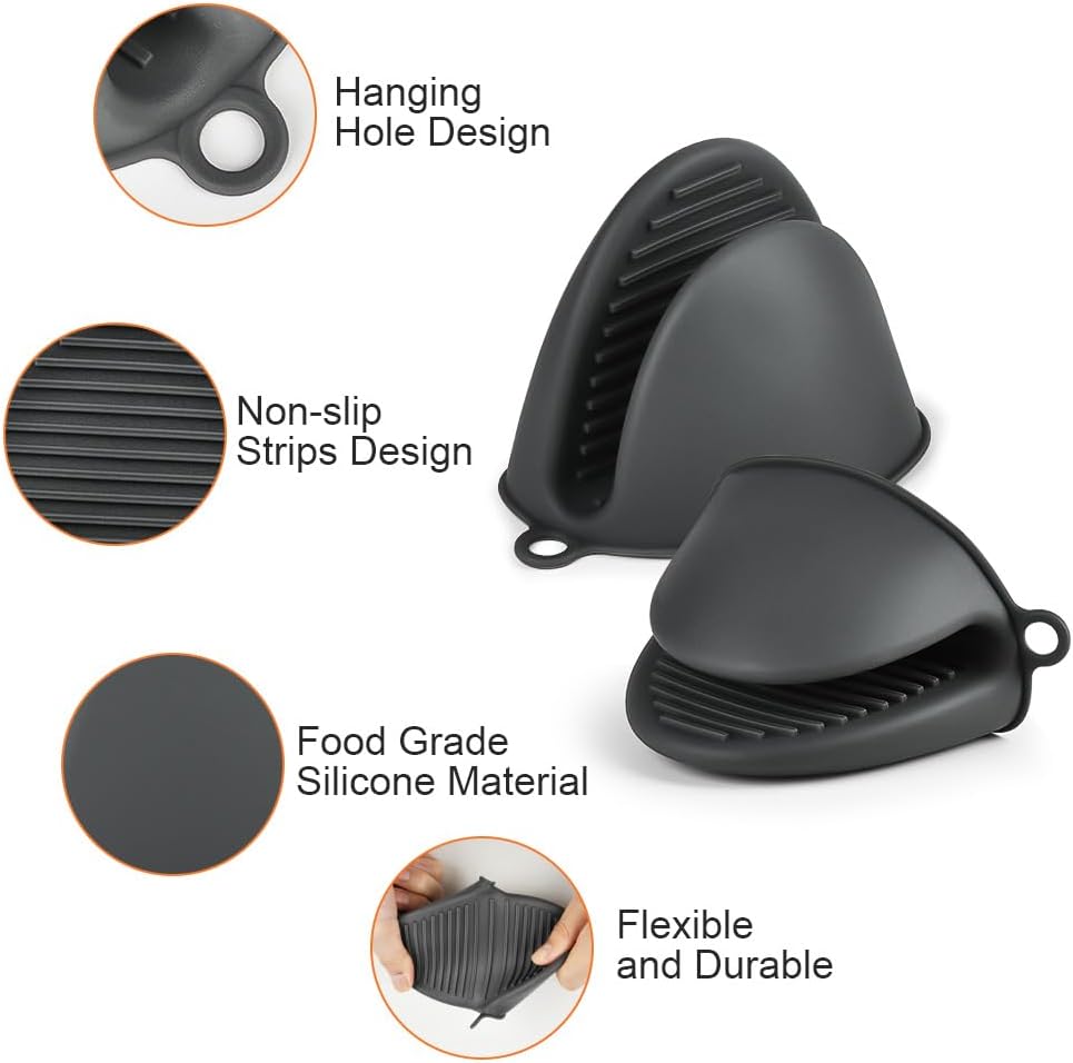 AUAUY 1 Pair Mini Silicone Oven Mitts, Heat Resistant Pot Holders Mitts, Cute Oven Pinch Grip Gloves, Small Potholders for Kitchen, Air Fryer Mitts Pair for Cooking, Baking and Grilling (Grey)