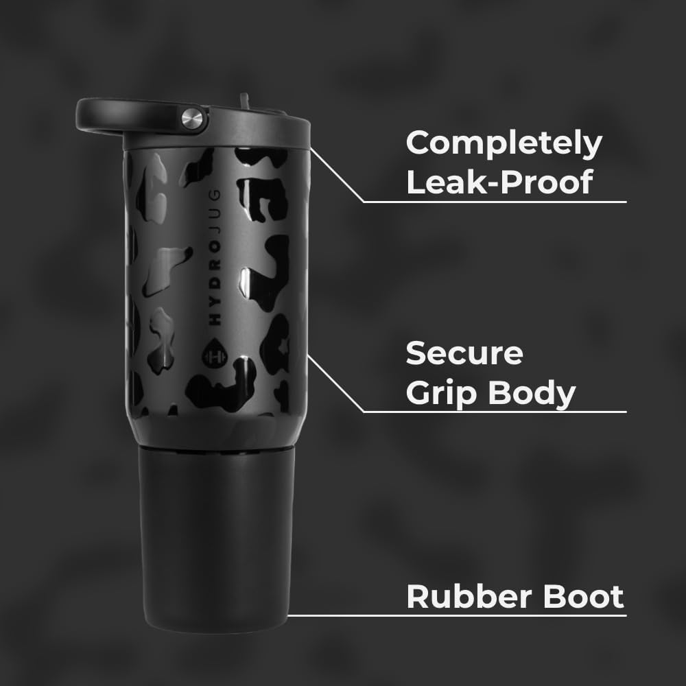 HydroJug Sport - Stainless Steel Tumbler with Straw, Vacuum Insulated, 20oz Leakproof Water Bottle, Ergonomic Design, Reusable, Dishwasher Safe, Rubber Base, Durable for Gym or Outdoors, Black Leopard