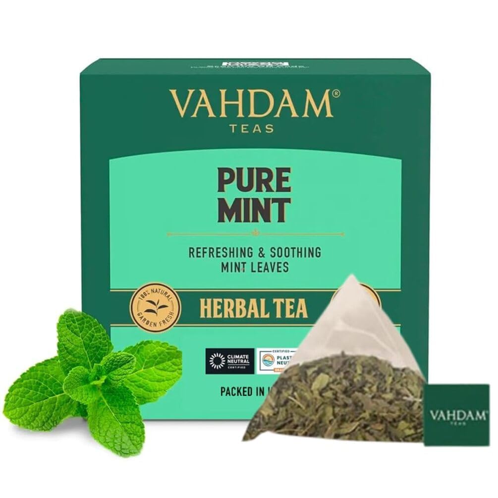 VAHDAM, Pure Mint Herbal Tea (15 Pyramid Tea Bags) Caffeine Free | Blend of Spearmint & Peppermint - Sweet & Minty | Resealable Ziplock Pouch