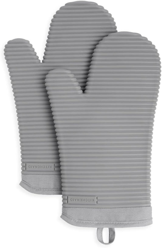 KITCHENAID Ribbed Soft Silicone Oven Mitt 2-Pack Set, 7.5"x13", Grey