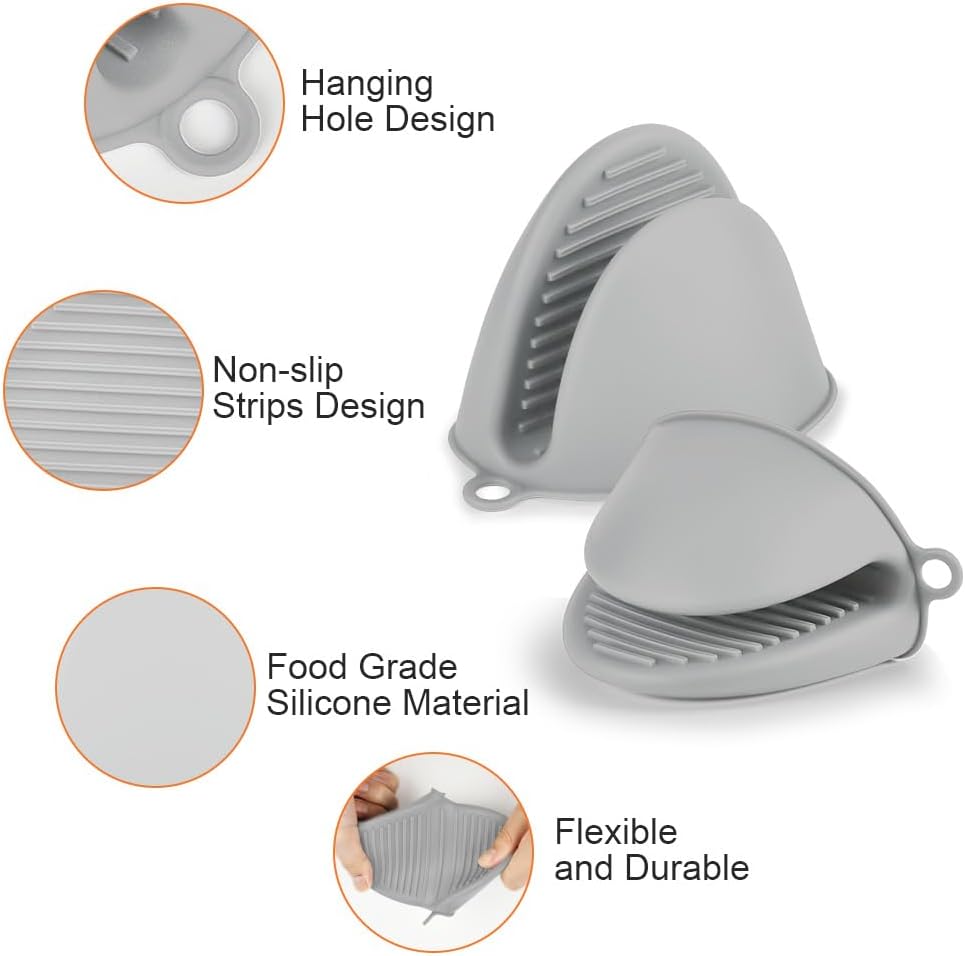 AUAUY 1 Pair Mini Silicone Oven Mitts, Heat Resistant Pot Holders Mitts, Cute Oven Pinch Grip Gloves, Small Potholders for Kitchen, Air Fryer Mitts Pair for Cooking, Baking and Grilling (Light Gray)