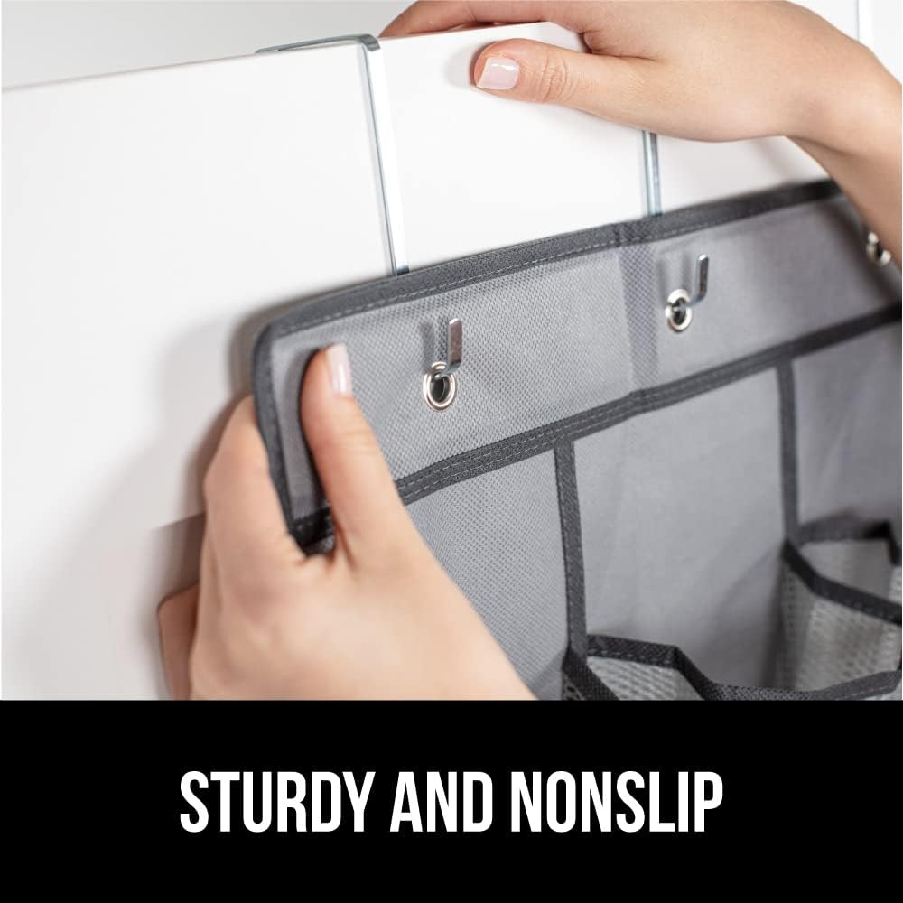 GORILLA GRIP Over the Door Shoe Organizer, 12 Large Breathable Mesh Pockets, Space Saving Hanging Storage Holder, 2 Hook Closet Rack Hanger, Hangs on Closets for Shoes, Accessories, 64H x 9.5W Gray