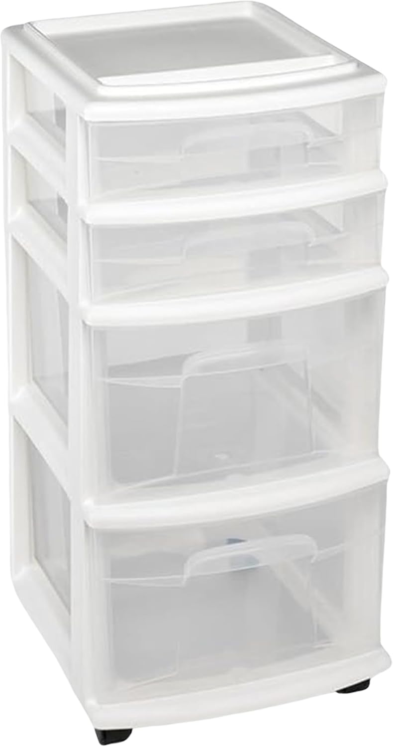 HOMZ Drawer Tower, 4-Tier Clear Plastic Storage Organizer Cart, White Frame – Rolling Containers with Wheels for Bathroom, Bedroom, Office, and Classroom Organization