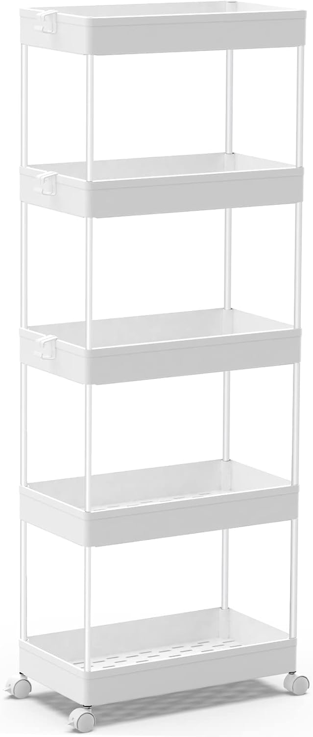 SPACEKEEPER 5-Tier Storage Cart Organizer Rolling Utility Cart, Mobile Shelving Unit Slide Out Storage Shelves for Kitchen Living Room Bathroom Laundry Room & Dressers, White