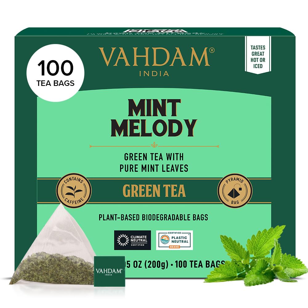 VAHDAM, Mint Green Tea Bags (100 Count) 100% Pure Leaf Tea, High Grown, Low Caffeine, Non GMO, Gluten Free | Plant-Based Pyramid Tea Bags | Direct from Source