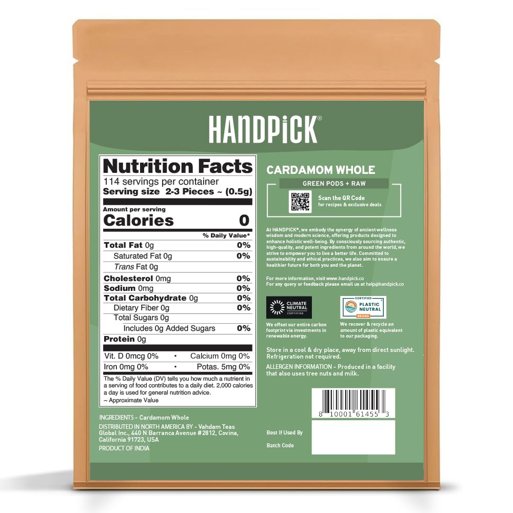 HANDPICK Green Cardamom Pods (57g / 2oz) Large size Green Elaichi | Pure, Non-GMO, Gluten Free | 100% Raw from India | Resealable Zip Lock Pouch