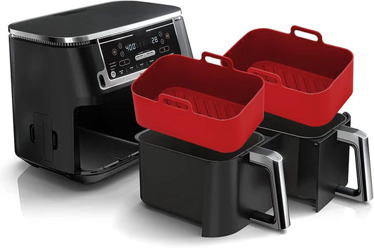 Silicone Air Fryer Liners for Ninja Foodi Dual DZ201/DoubleStack SL201 8QT, 2Pcs Reusable Airfryer Dual Basket for Chefman 6QT/Instant Vortex Plus XL 8QT | Non-stick | Easy Cleaning | Food Safe | Red