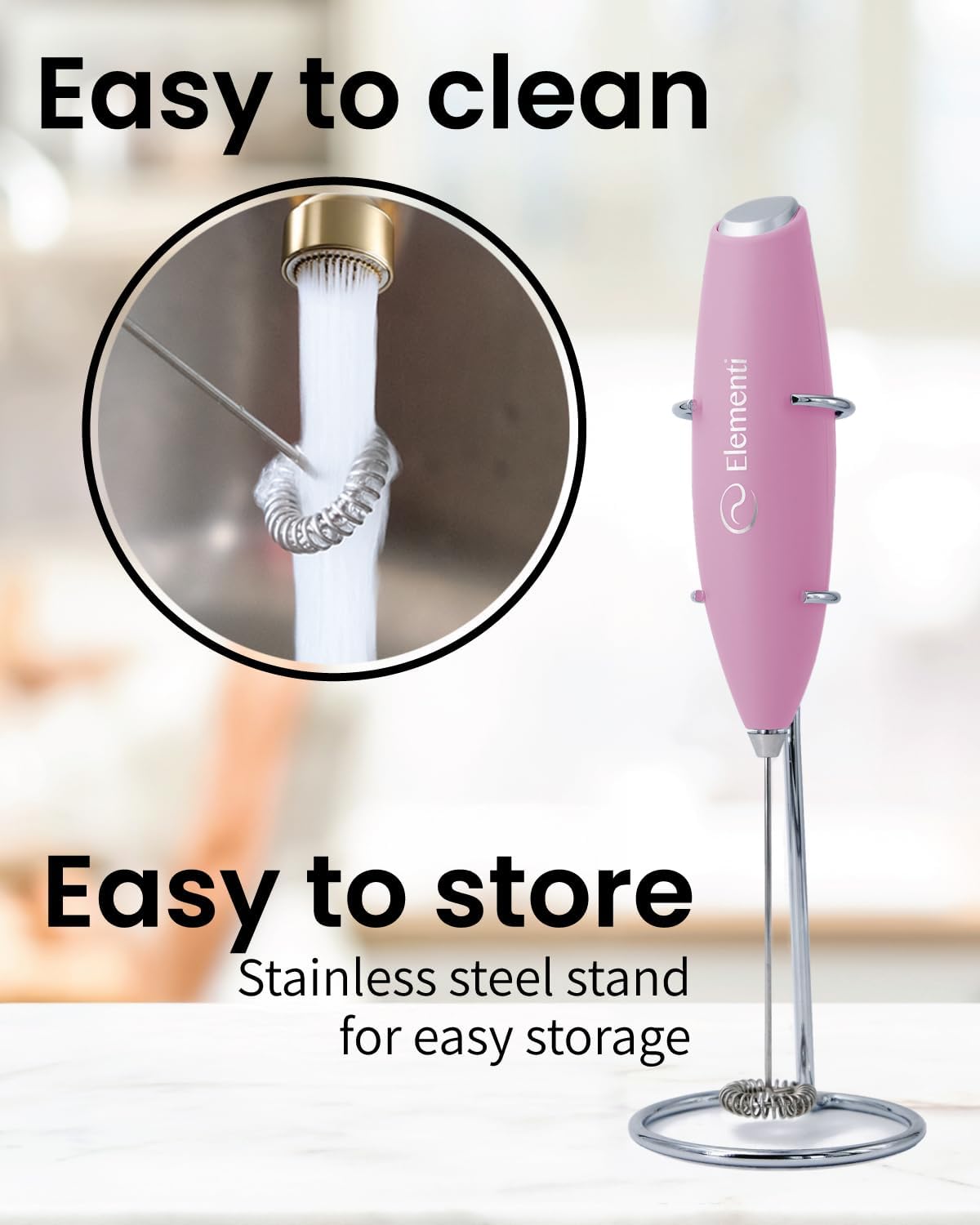 Elementi Electric Pink Milk Frother Handheld - Mini Whisk for Coffee, Matcha and Drinks - Portable Frother & Mixer with Stand (Pastel Pink)