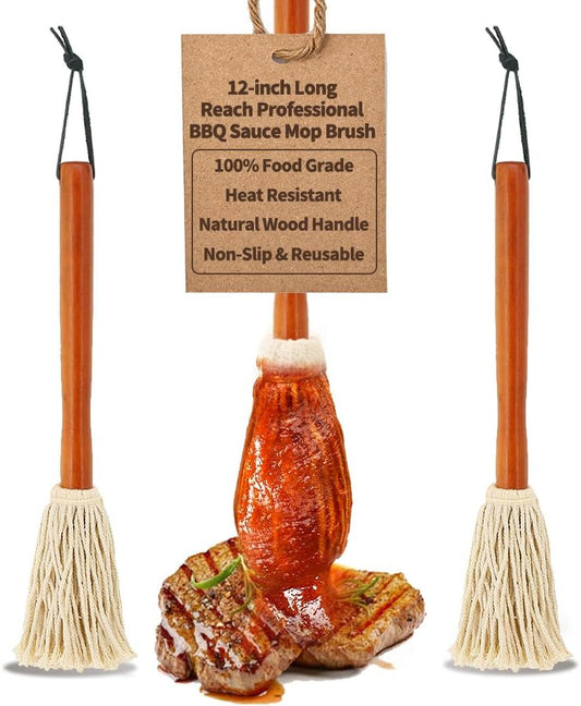 12" BBQ Sauce Basting Mops & Brushes for Roasting or Grilling, Apply Barbeque, Marinade or Glazing, Cotton Fiber Head and Hardwood Handle, Dish Mop Style, Perfect for Cooking or Cleaning - Pack of 3