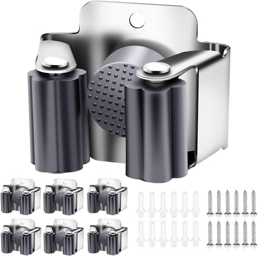 Verdenu 6 Pack Broom Holder Wall Mount, Mop and Broom Holder Wall Mount, Stainless Steel Command Broom Holder with Screws, Garden Tool Storage Organizer for Kitchen, Home, Bathroom, Garage, Grey