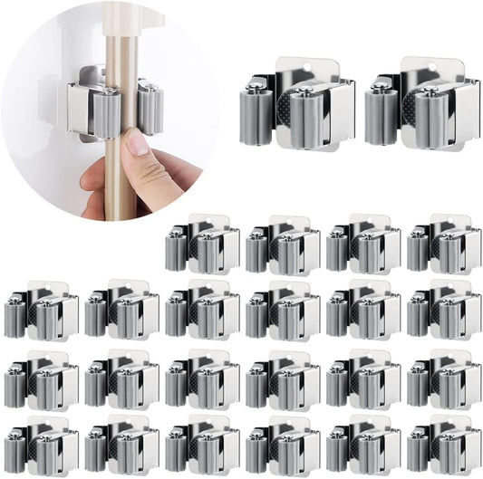 24 PCS Broom and Mop Holder, Heavy Duty Garden Tool Organizer Rack Rake and Shovel Handle, Stainless Steel Mop Hanger. Wall Mounted Utility Rack with Screws, Silver.
