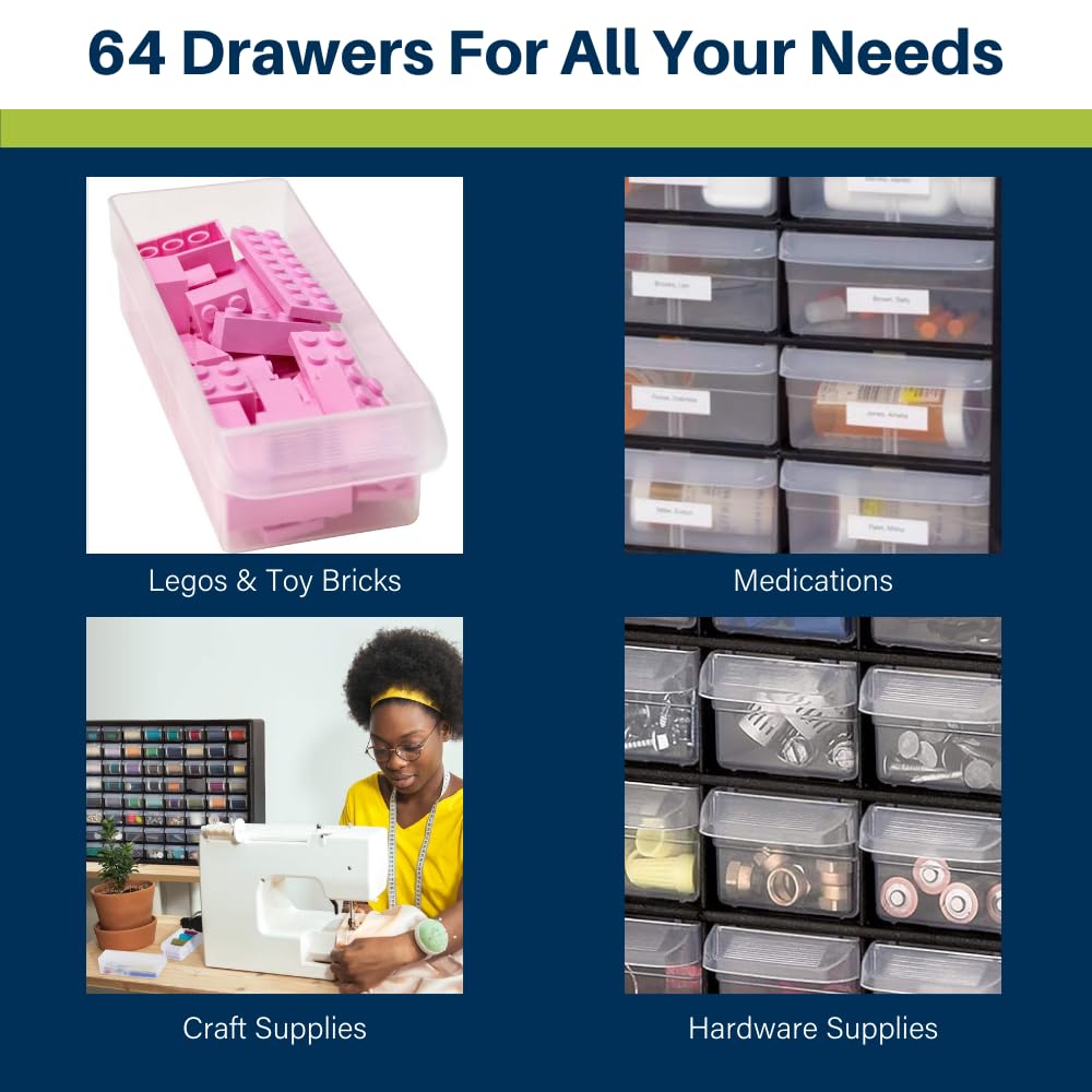 Akro-Mils 64-Drawer Plastic Storage Cabinet, 20-Inch W x 6-Inch D x 16-Inch H | Black | Model 10164 | Garage Organization