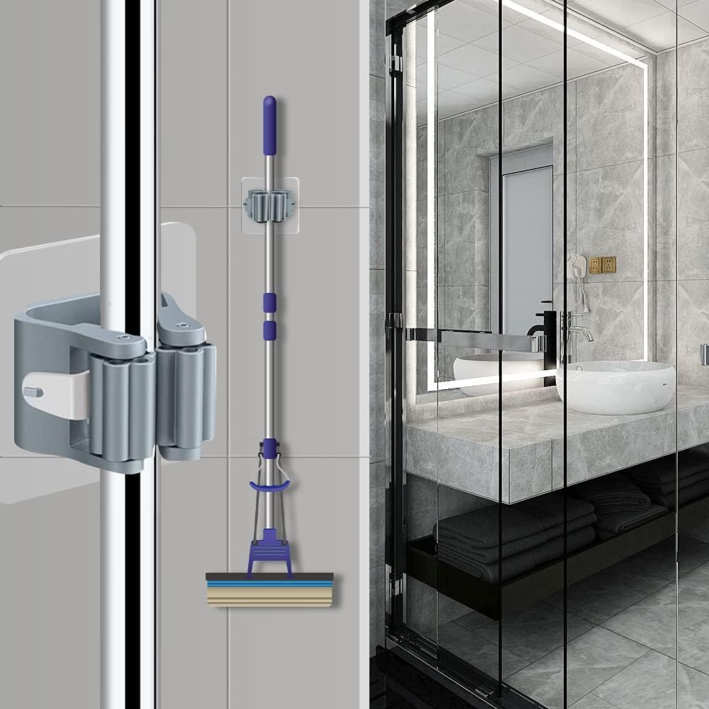 3-H 24-Pack Self Adhesive Broom Holder Wall Mount - Heavy Duty No Drill Broom Organizer for Garage Closet Kitchen, Plastic Storage Rack for Brooms Mops Tools, Peel and Stick Adhesive