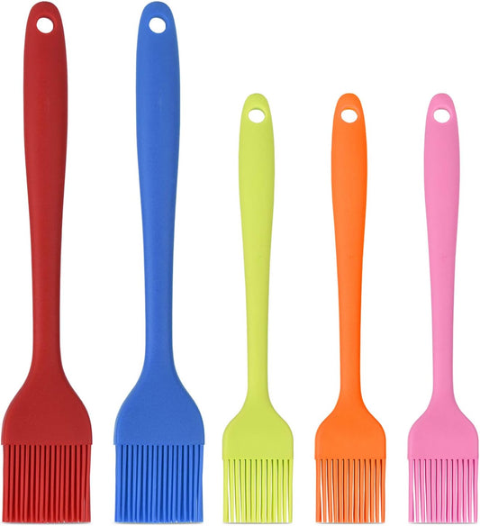 Hhyn Silicone Basting Pastry Brush Set 5 Pack Heat Resistant Spread Oil Butter Sauce for BBQ Grill Barbeque Kitchen Baking Cooking Pastries, 2 Large & 3 Small Multicolor