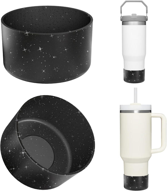 Upgrade 2PCS Protective Silicone Boot Bumper for Stanley Quencher Adventure 40oz 30oz IceFlow 20oz 30oz Tumbler, Water Bottle Bottom Sleeve Cover Accessories for Stanley Mug Cup(Glitter Black)