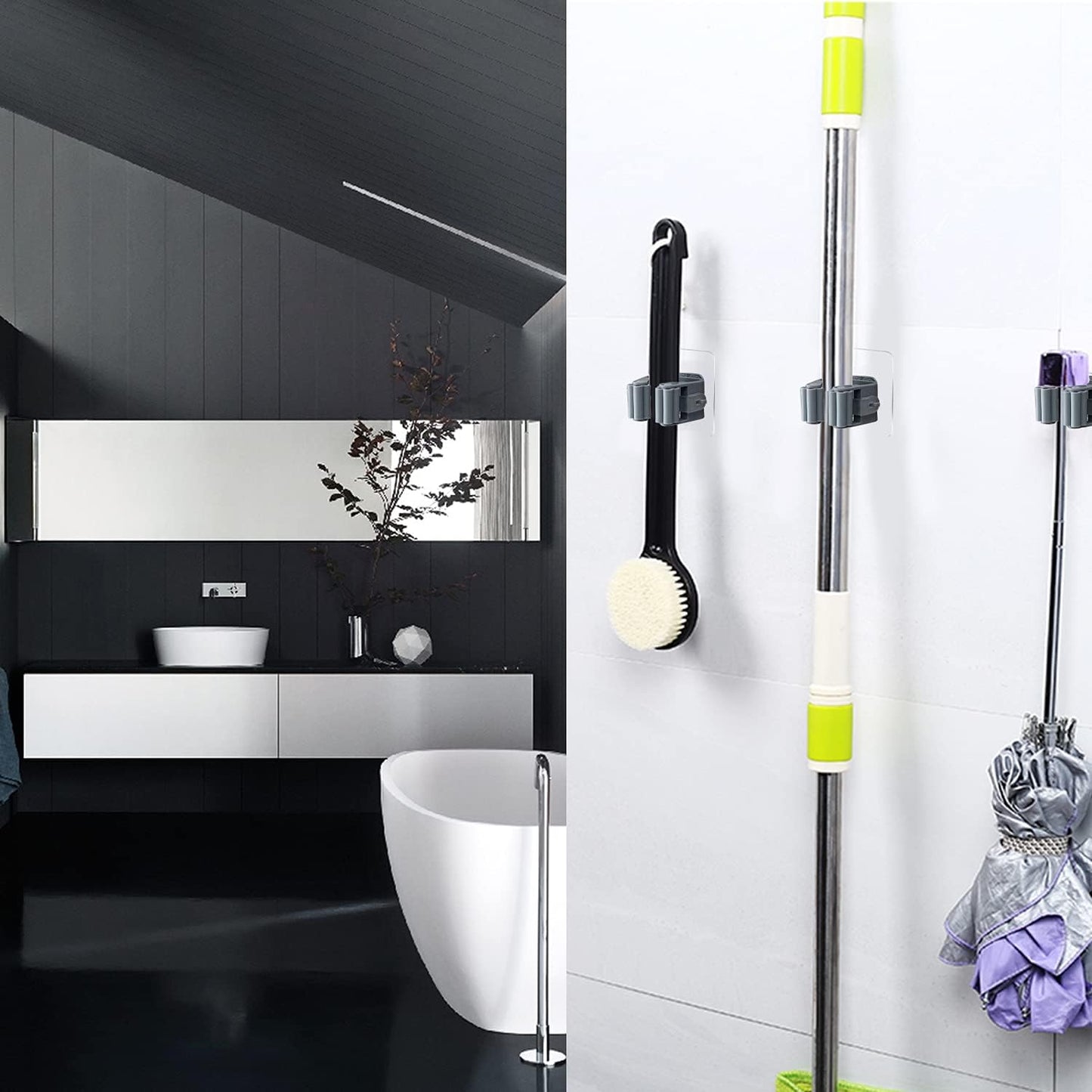 3-H 24-Pack Self Adhesive Broom Holder Wall Mount - Heavy Duty No Drill Broom Organizer for Garage Closet Kitchen, Plastic Storage Rack for Brooms Mops Tools, Peel and Stick Adhesive